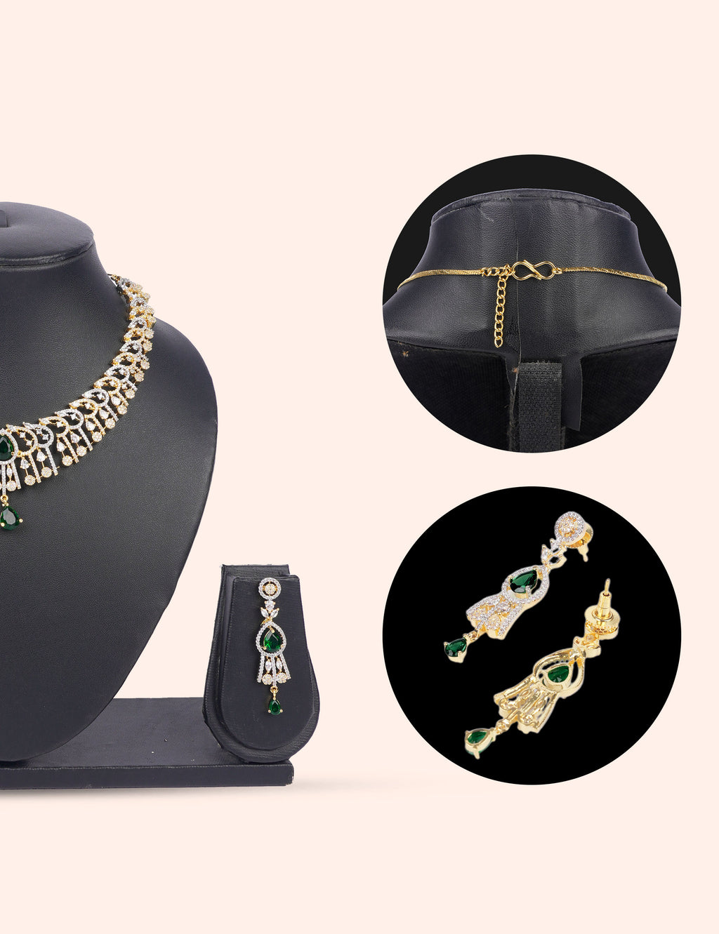 Royal Green Necklace Set & Zirconia Diamond Statement Set by N Dazzles Designs