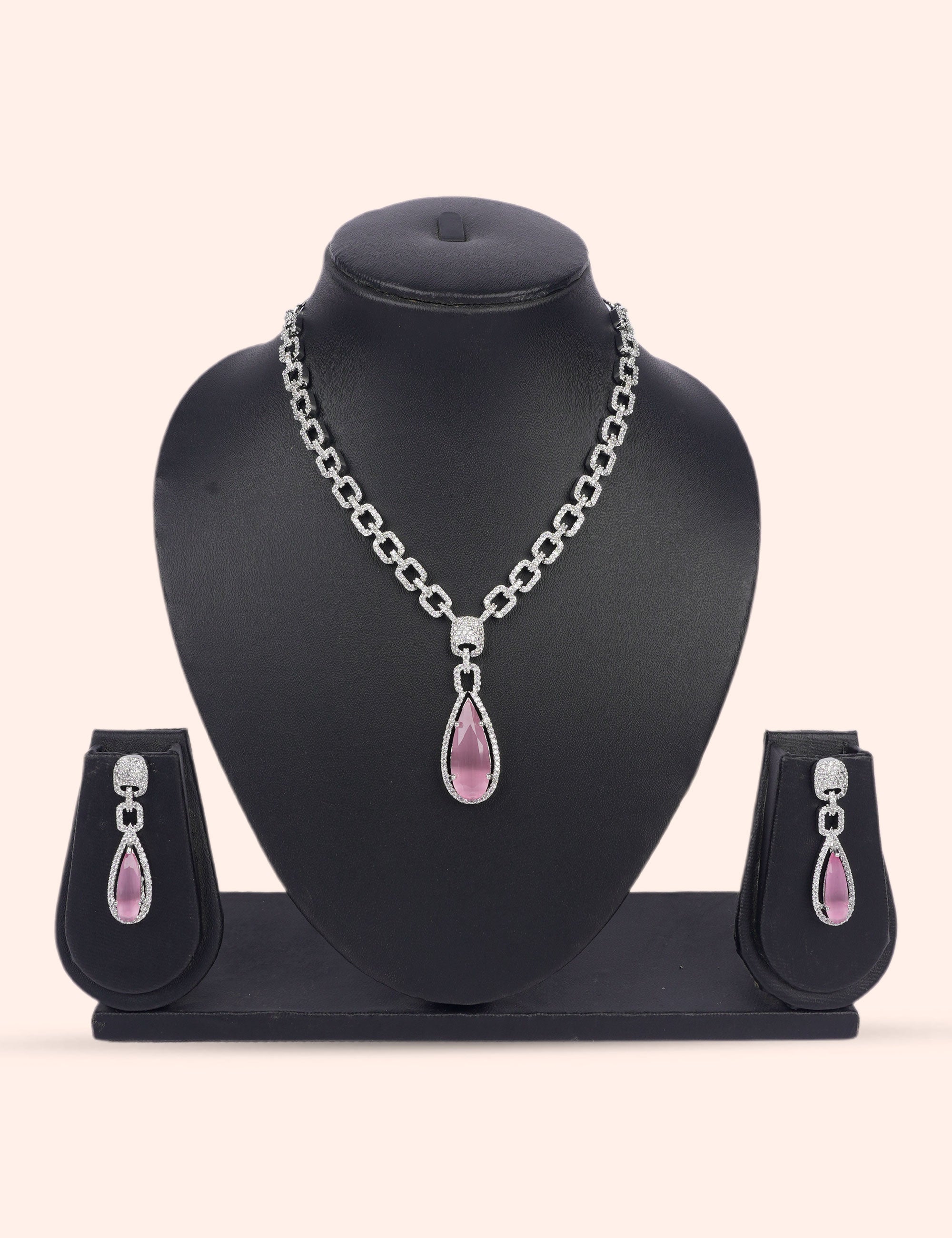 Pink Crystal Link & Zirconia Diamond Statement Set by N Dazzles Designs