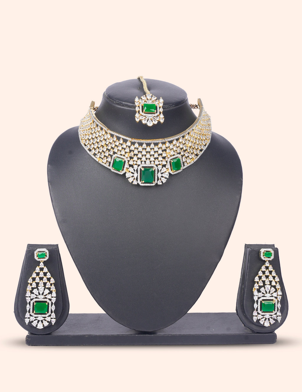 Green Majesty Choker & Zirconia Diamond Statement Set by N Dazzles Designs