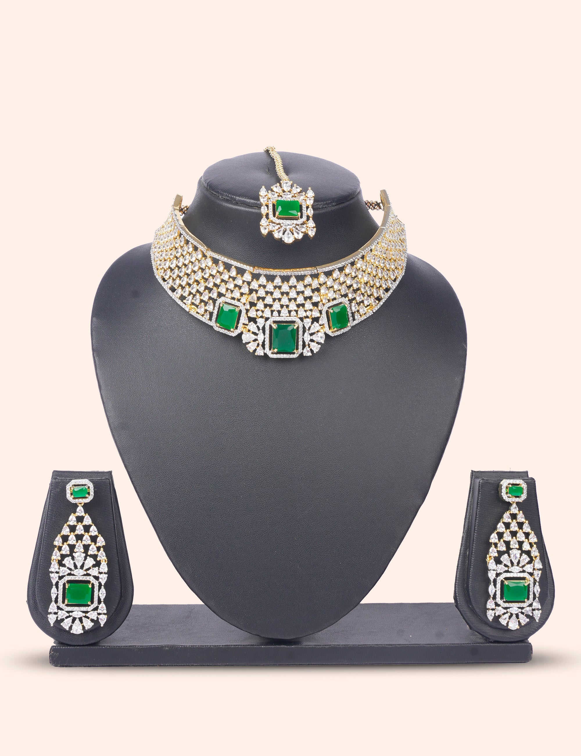 Green Majesty Choker & Zirconia Diamond Statement Set by N Dazzles Designs